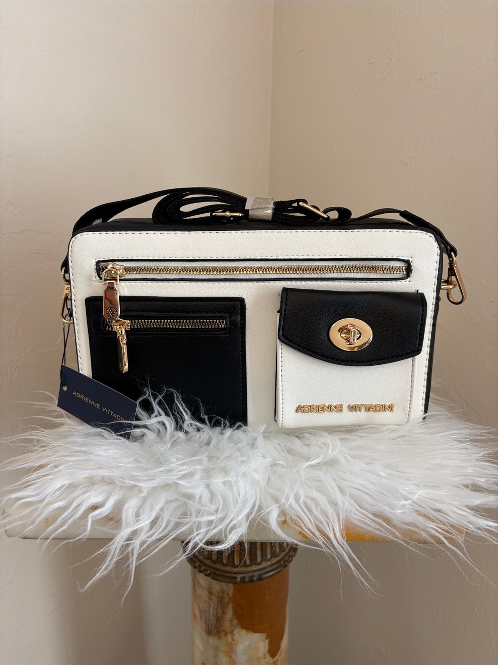 NWT Adrienne Vittadini Two-Tone Black & White Crossbody Bag (MSRP $210)